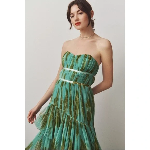 anthropologie green tulle dress Mac Duggal Tiered Strapless Tulle A-Line High-Low Gown